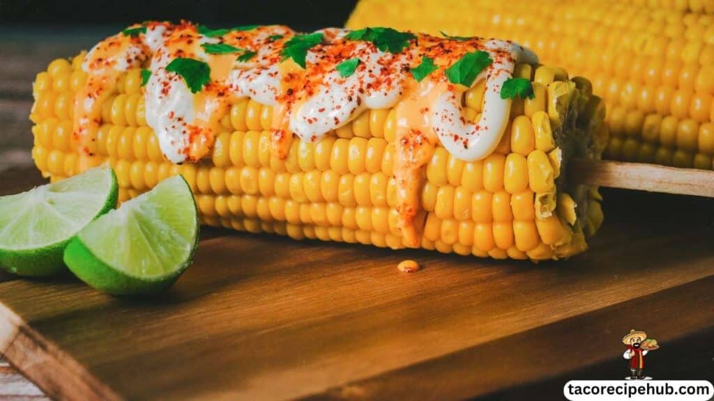 Mexican street corn topped with crumbled cheese, chili powder, and fresh cilantro