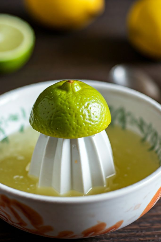 Lime juice being squeezed into a bowl.