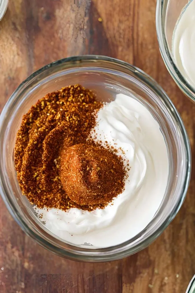 A glass bowl having a mixture if taco seasoning and sour cream